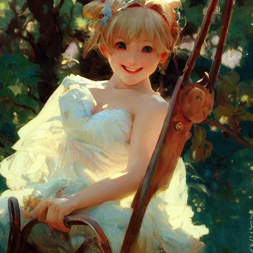 Image similar to a portrait of a cute anime girl on swing, smiling coy, painting by gaston bussiere, craig mullins, j. c. leyendecker