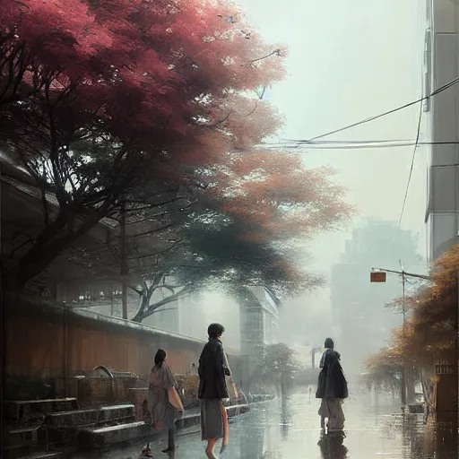 Image similar to walking from naka - meguro, tokyo. volumetric lighting, spring afternoon, overcast weather, realistic illustration, perfectly shaded, soft painting, art by krenz cushart and wenjun lin