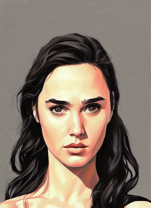 Prompt: detailed artwork by phil noto ; stylized painting of young jennifer connelly ; gal gadot ; brush texture ; asymmetric composition ; trending on artstation ; gallery painting by phil noto, comic style