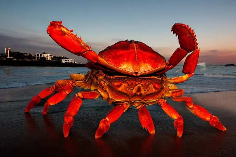 Image similar to giant crab attacking a california city, in 2 0 1 2, bathed in the the glow of the sunset, low - light photograph, photography by tyler mitchell