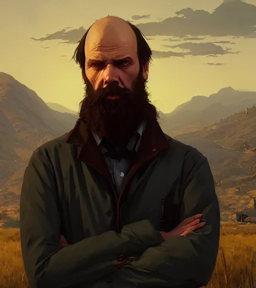 Image similar to highly detailed portrait dostoevsky in gta v, stephen bliss, unreal engine, fantasy art by greg rutkowski, loish, rhads, ferdinand knab, makoto shinkai and lois van baarle, ilya kuvshinov, rossdraws, tom bagshaw, global illumination, radiant light, detailed and intricate environment