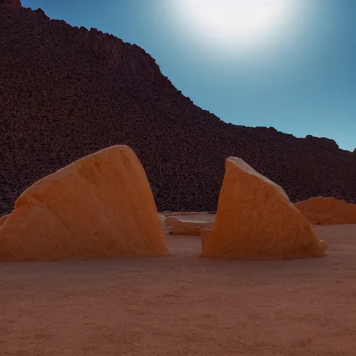 Image similar to land art sculptures built in the Mojave desert, beautiful dynamic lighting, cinematic, wide angle establishing shot, extremely high detail, photo realistic, cinematic lighting, post processed, concept art, artstation, matte painting, style by michael heizer, Donald Judd, volumetric lighting, light rays, photorealistic, ultrarealistic, moody, coronarender, 8k