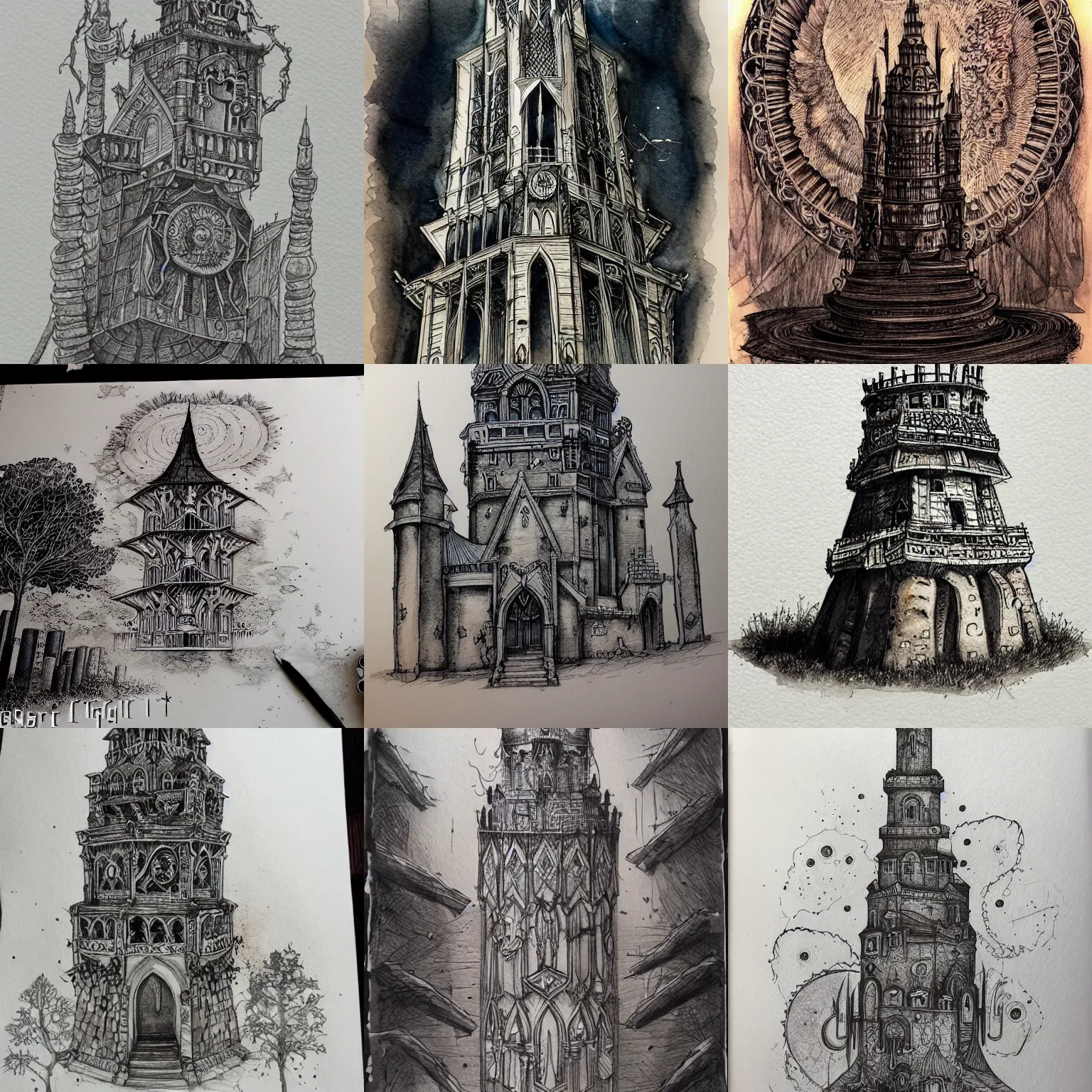 Prompt: beautiful aesthetic inspirational masterful professional ink pen and watercolor sketch of an occult mystic tower, ultra detailed, fine details, trending on artstation, high quality paper