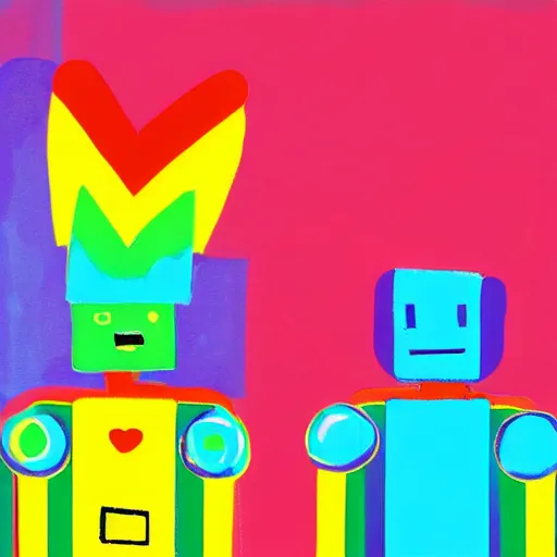 Image similar to Just two rainbow robots in love