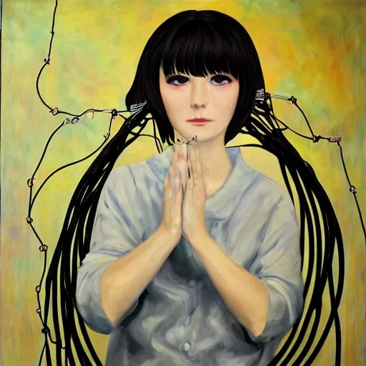 Image similar to beautiful pure evil adult lain with hundreds of wires coming out of her head, a part of her face panel is showing, she is in pure bliss, portrait, painting