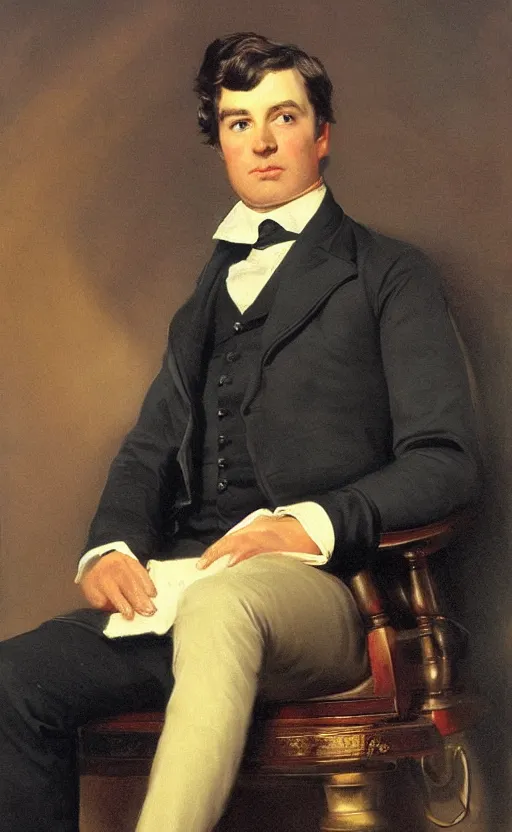 Prompt: official portrait of a victorian politician, wearing a suit, sitting down, detailed face, male, victorian, highly detailed, cinematic lighting, painting by thomas lawrence