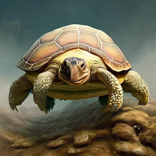 Image similar to amazingly beautiful portrait of a hyper realistic mitch mcconnell!!!! as a turtle / tortoise, as an anthropomorphic turtle, painted by greg rutkowski, artgerm, beautiful lighting, masterpiece, epic, 4 k