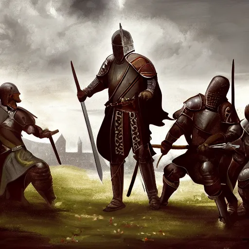 Image similar to knight holding a broken longsword facing a group of attackers, he looks unsteady and scared, medieval, fantasy, digital art, detailed