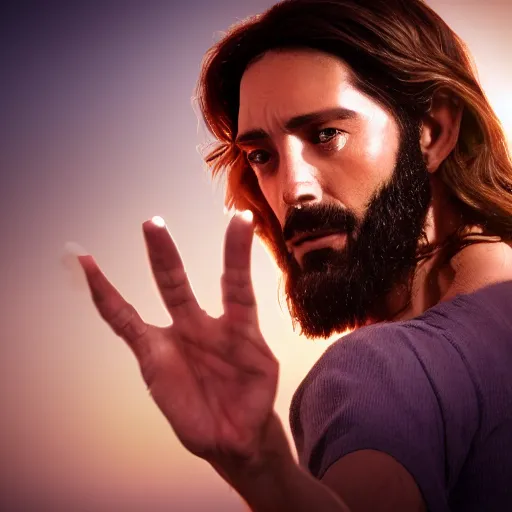 Image similar to uhd real 8 k photo of jesus showing his middle finger, digital art, portrait, portrait concept art, special effects, finely detailed, studio lighting, correct details, correct face, accurate middle finger