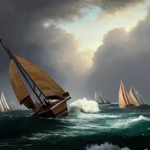 Image similar to a fleet of ancient trojan sailboats, amidst crashing waves and huge looming rocks, whirlpool, trireme, skiff, wooden sailboats, by greg rutkowski, grim, lightning flashes, sky swirling with black wind, dark sky, dramatic, realistic, detailed, ancient, artstation, artgerm, digital painting