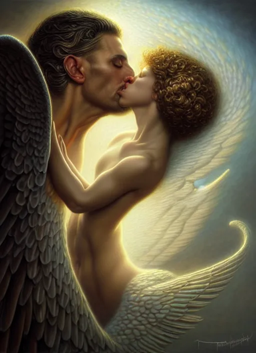 Image similar to man kissing an angel, fine art, intricate, elegant, highly detailed, realistic hair, centered, digital painting, art station, conceptual art, soft, sharp focus, illustration, artwork, artgerm, tomasz alen kopera, peter mohrbacher, donato giancola, wlop, boris vallejo