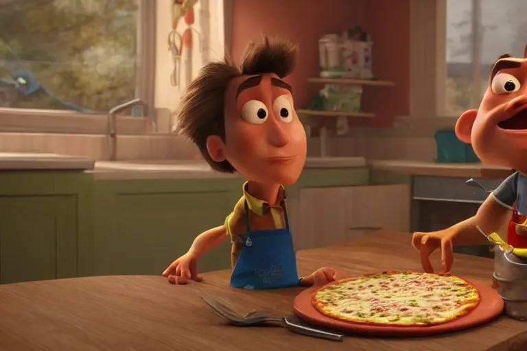 Prompt: still from a Pixar movie of Joe Keery making a pizza, high quality 3d render, movie, Pixar, Renderman, 4k, artstation