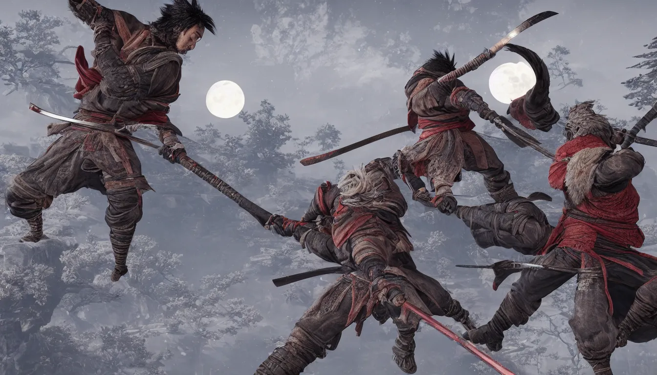 Image similar to A shinobi holding a sword, moon in the distance, in the style of sekiro shadows die twice, highly detailed, 8k