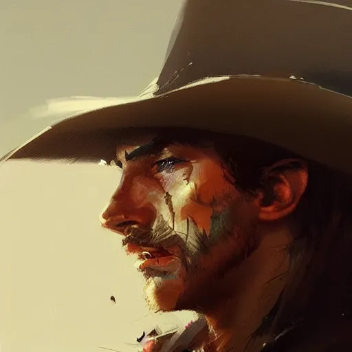 Image similar to a beautiful portrait of a cowboy by greg rutkowski and bill sienkiewicz trending on artstation