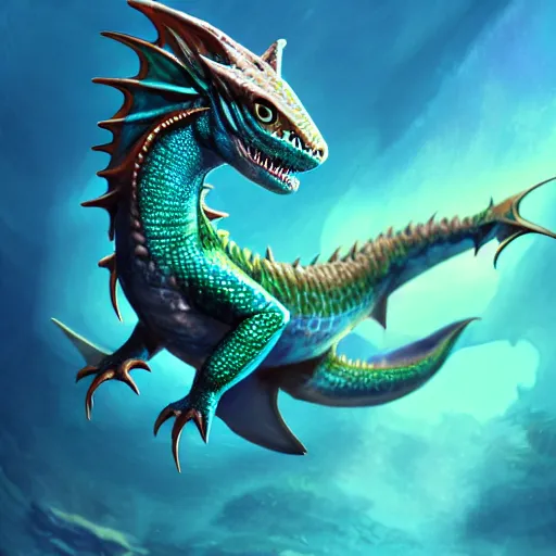 Prompt: Handsome Adorable cute blue and green dragon underwater swimming, dnd character, background focus, fantasy, magic, realistic textured skin, fish scales, wings, lizard legs, shark fins, fun pose, big eyes, clear clean, by lya kushinov, Avetetsuya Studios, Alexandra Fomina artstation, by Makoto Shinkai, digital 2D, matte painting