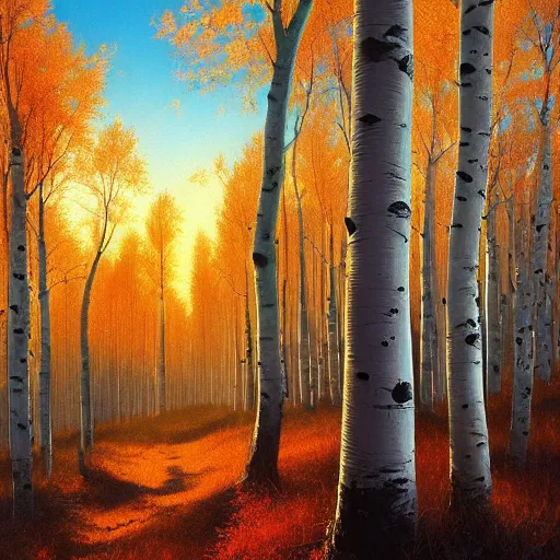 Prompt: beautiful painting of an Aspen forest at sunset, digital art, award winning illustration by greg rutkowski, golden hour, smooth, sharp lines, concept art, trending on artstation