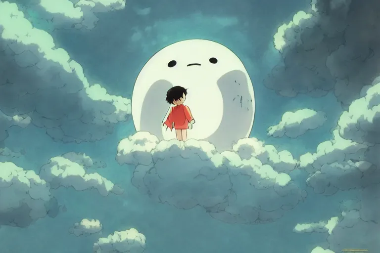 Prompt: a bright cute studio ghibli painting of a ghost floating through the air, beautiful lighting, in the style of studio ghibli, artwork by Hayao Miyazaki and Isao Takahata, highly detailed, 8K, smooth, cinematic, vibrant colors, trending on artstation, japanese animation, stunning artistry and soaring imagination