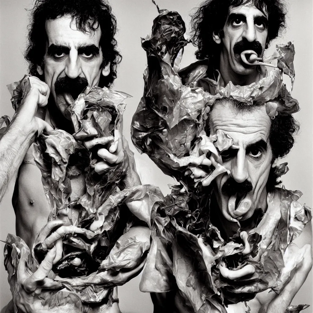 Image similar to award winning photo of frank zappa eating himself, vivid colors, happy, symmetrical face, beautiful eyes, studio lighting, wide shot art by Sally Mann & Arnold Newman