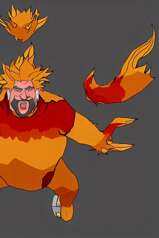 Image similar to 3 d render of guy fieri as a fire type pokemon, epic, detailed, stylized