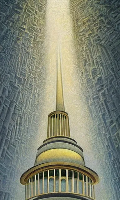 Image similar to the temple of truth is white, whole, holy and beautiful, but is surrounded by a crater of ruin and desolation. it's spire reaches up to the heavens and is topped with a gold statue. | painting by rob gonsalves. stark contrast. landscape painting. trending on artststion. matte painting. awe inspiring