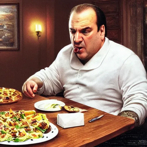 Image similar to tony soprano angry while eating gabagool, 8 k, high definition, highly detailed, photo - realistic