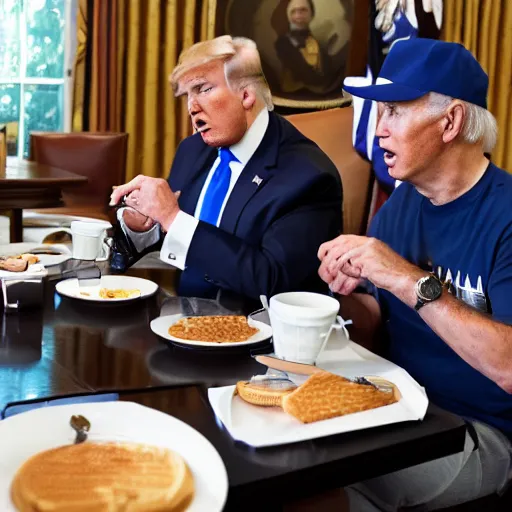 Image similar to trump and Biden sitting and eating breakfast at a Wafflehouse