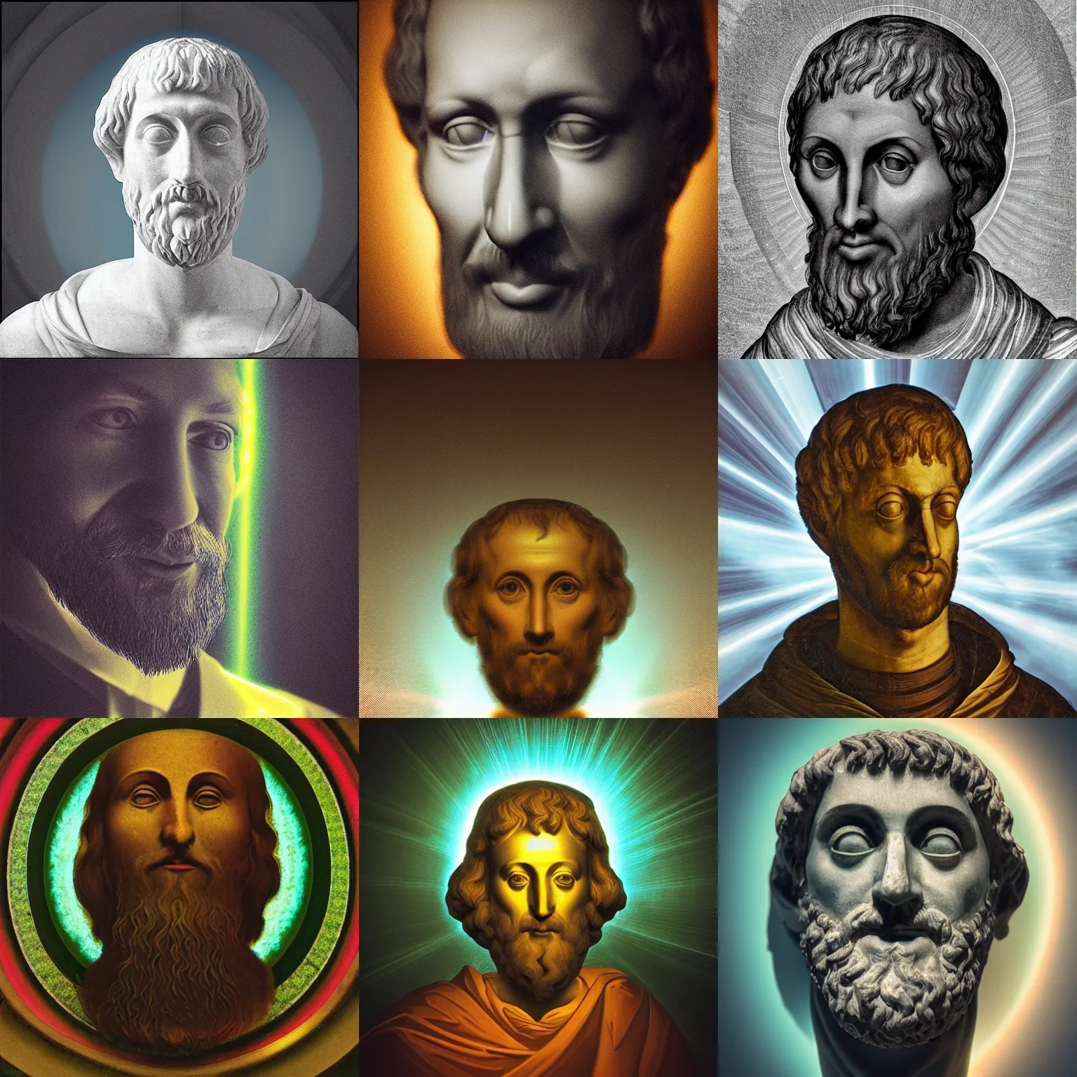 Prompt: “Portrait of Aristotle the prismatic person, refracted light, caustics, light rays shining through, 4k photo”