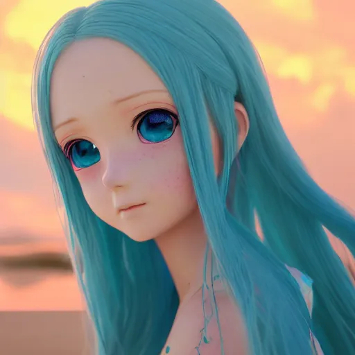 Image similar to Render of a very beautiful 3d anime girl, long sky blue hair, jewelry eyes, cute freckles, full round face, short smile, cute teal sundress, golden hour, serene beach setting, cinematic lightning, medium shot, mid-shot, very very highly detailed, trending on Artstation, Unreal Engine 4k