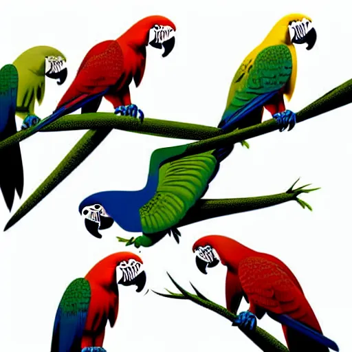 Image similar to parrots playing with one another wide angle shot, white background, vector art, illustration by frank frazetta