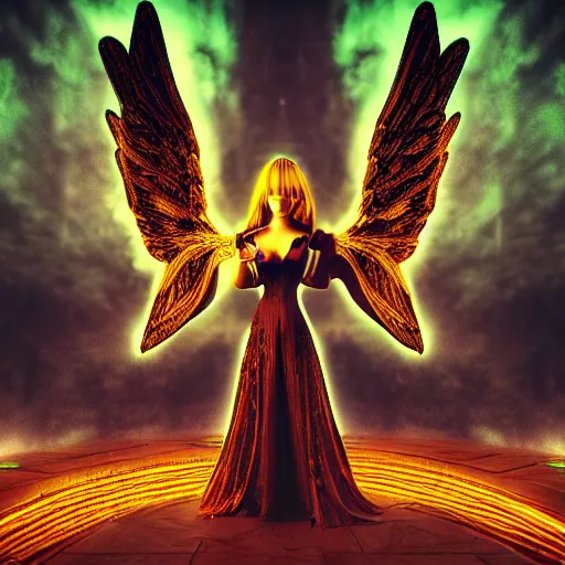 Prompt: gorgeous gothic angel in a neon city, masterpiece render, extremely detailed