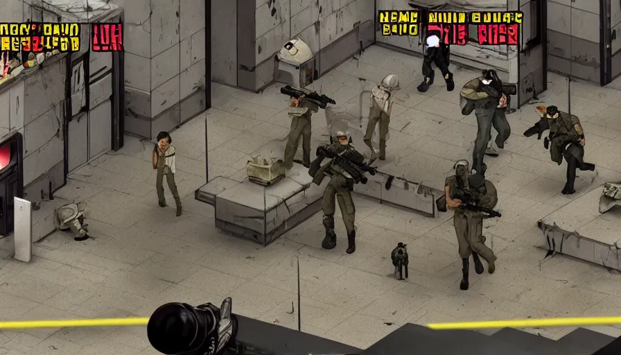 Prompt: 1994 Video Game Screenshot, Anime Neo-tokyo Cyborg bank robbers vs police, Set inside of the Bank Lobby, Multiplayer set-piece in bank lobby, Tactical Squad :9, Police officers under heavy fire, Police Calling for back up, Bullet Holes and Realistic Blood Splatter, :7 Gas Grenades, Riot Shields, Large Caliber Sniper Fire, Chaos, Anime Cyberpunk, Ghost in The shell Bullet VFX, Machine Gun Fire, Violent Gun Action, Shootout, :7 Inspired by Escape From Tarkov + Intruder + Akira + Guilty Gear Xrd :7 by Katsuhiro Otomo: 15