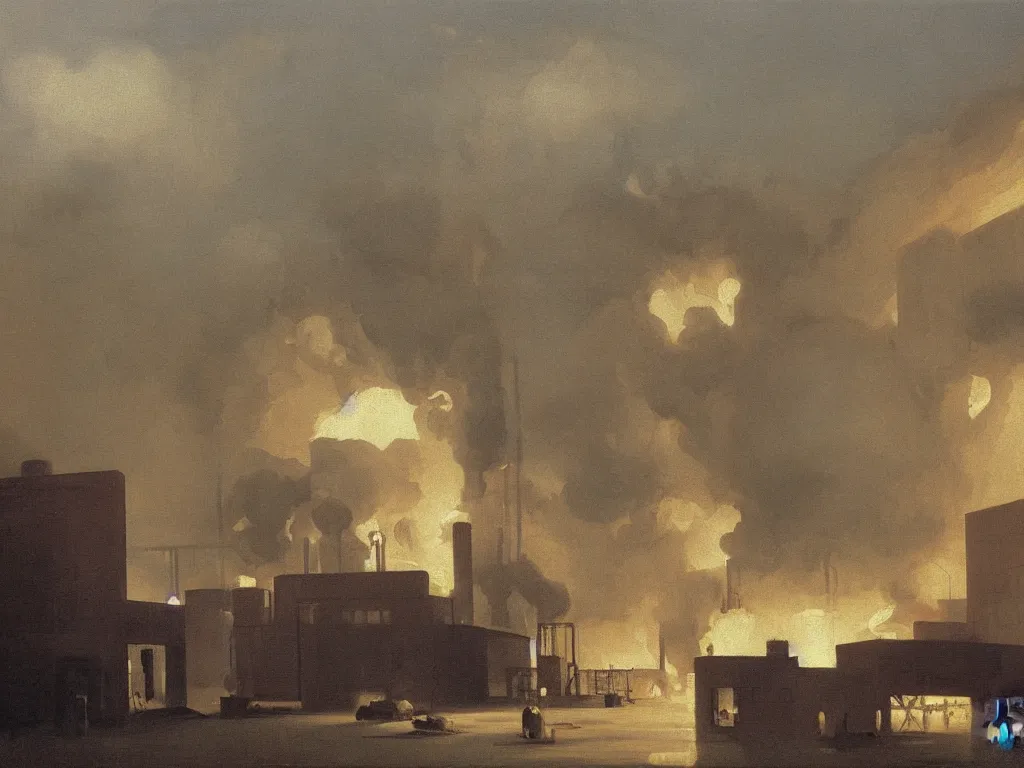 Prompt: a painting of an explosion in a factory by peter ilsted