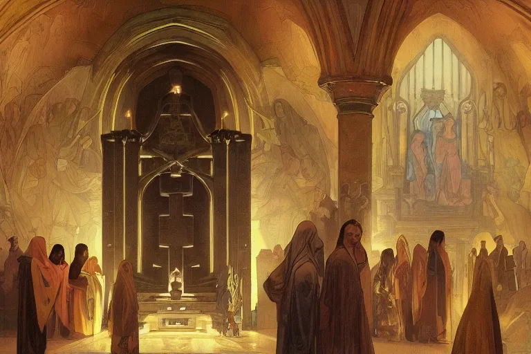 Image similar to inside the sepulchre, dark scene, light coming in from the left, steps leading down, 3 marys crouching in colored robes at the tomb | medium close | triangle composition, by artgerm, greg rutkowski, rubens, alphonse mucha