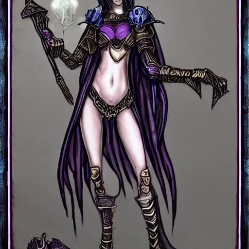 Image similar to dark elf megan kelly sorceress who is summoning a demon in the style of warhammer fantasy : : head and shoulders drawing