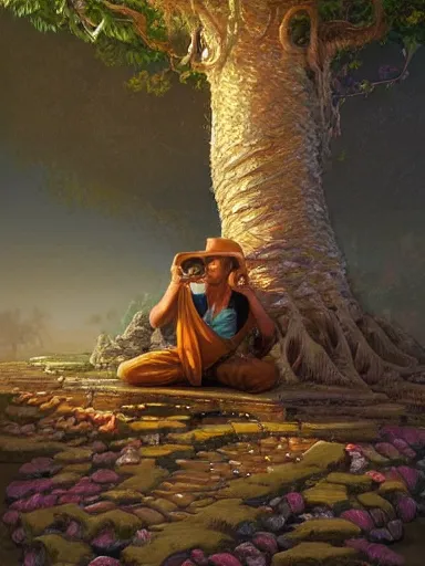 Prompt: a grumphy man, legs crossed, arms crossed. under a bodhi tree. intricate, elegant, highly detailed, digital painting, artstation, concept art, sharp focus, illustration, by justin gerard and artgerm, 8 k