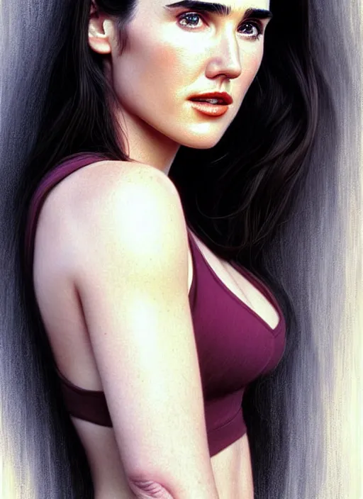 Prompt: a gorgeous young jennifer connelly with long soft hair in the style of stefan kostic, realistic, full body shot, wide angle, sharp focus, 8 k high definition, insanely detailed, intricate, elegant, art by stanley lau and artgerm, floating embers