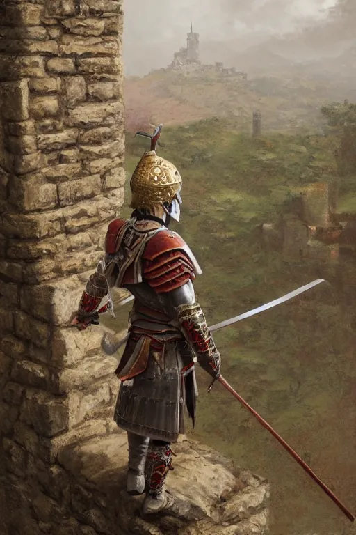 Image similar to A highly detailed painting of a male warrior on a castle wall overlooking the approaching army by Craig Mullins and Marc Simonetti, two swords, white hair, young man, samurai armour, trending on artstation, 4k, octane render, unreal engine,