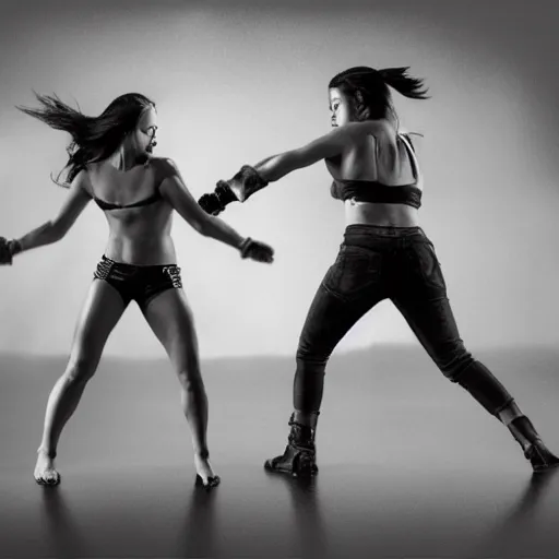 Image similar to two women fighting, hard lighting, rule of thirds, spotlight, full body scene, by dirk dzimirsky, by arthur curry, by dylan eakin, hyperrealistic charcoal