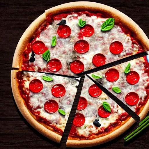 Prompt: A pizza with knives as toppings, realistic, ultra high detail, 8k, close up.