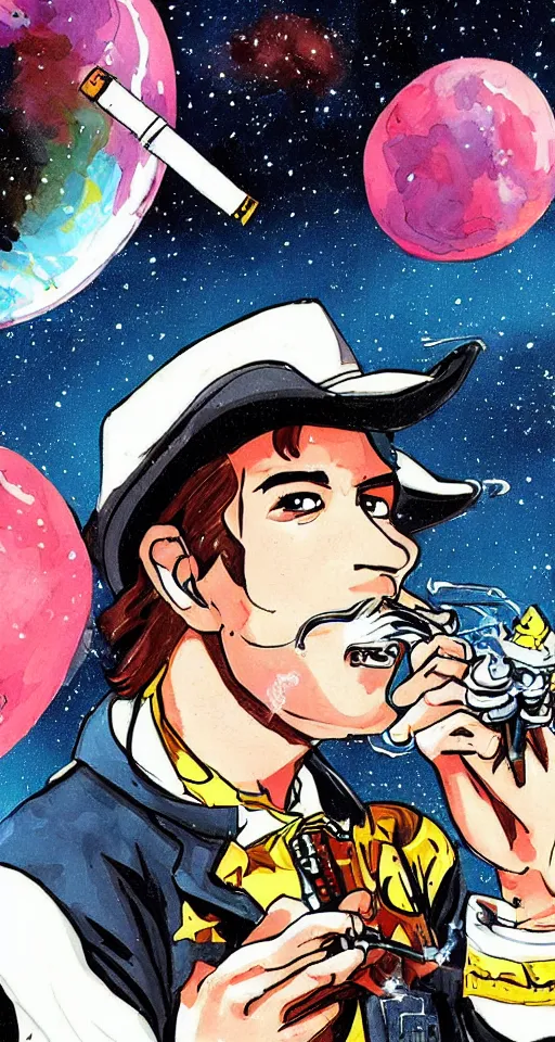 Image similar to a cowboy in space smoking a cigarette, highly detailed, anime style