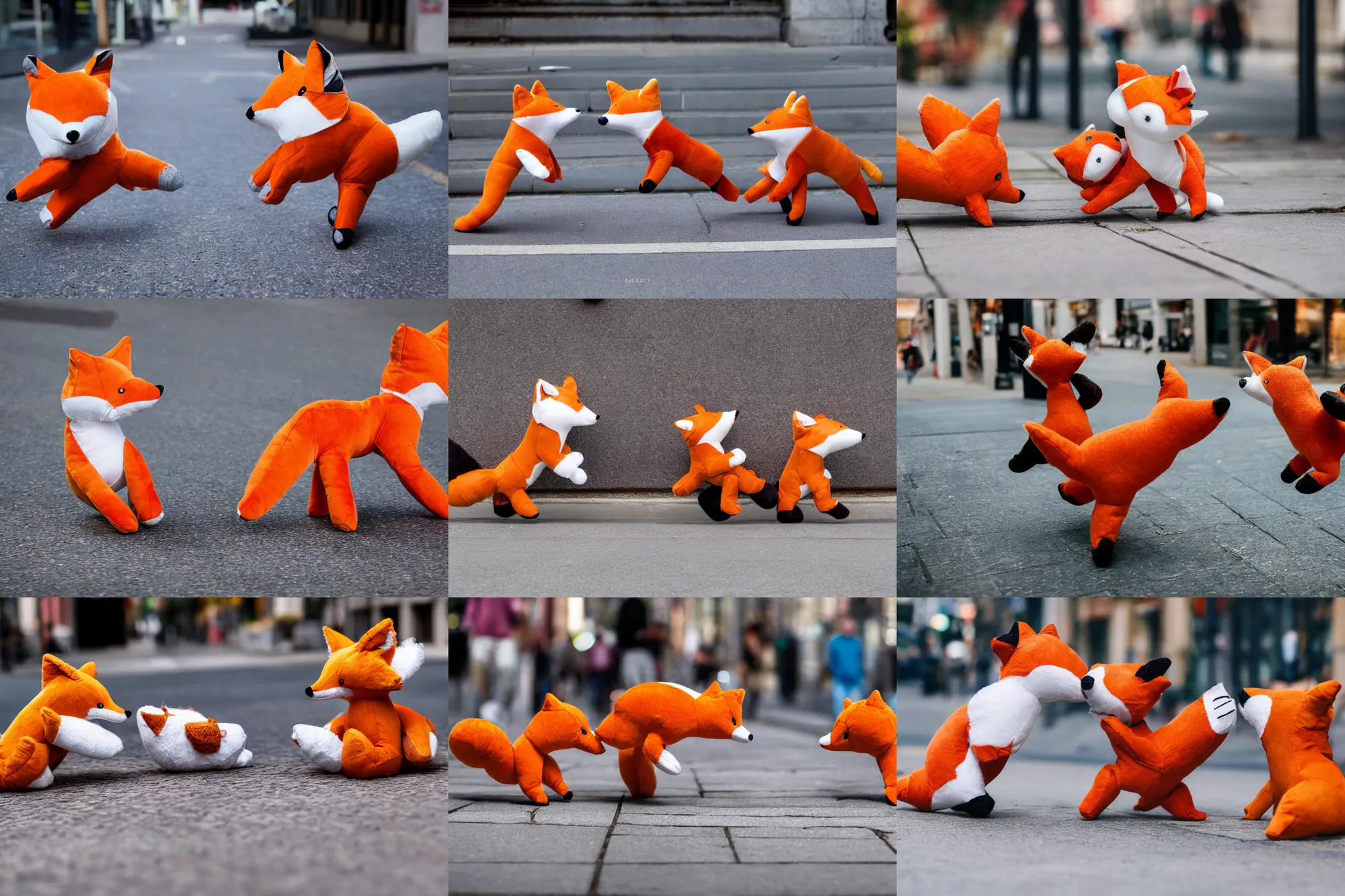 Prompt: Two fabric stuffed animal toy fox plushies fighting on the sidewalk, dynamic, motion blur, 1/4 shutter speed, award winning photography