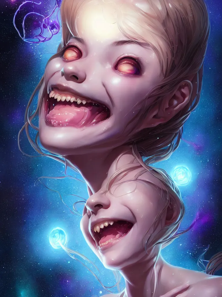 Image similar to azathoth girl smiling so happily, dress made out milky way, occlusion shadow, specular reflection, rim light, unreal engine, artgerm, artstation, art by hiroaki samura and ilya kuvshinov and ossdraws, intricate, highly detailed 8 k, cosmic horror illustration, extremely beautiful and aesthetic shape of face and body