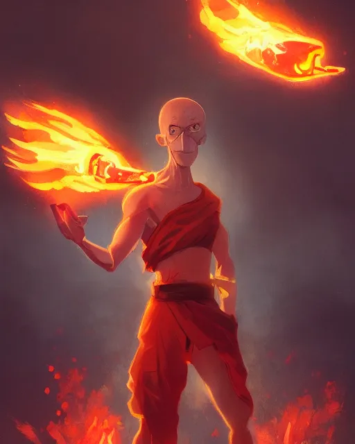 Image similar to [ [ squidward ] ] wearing fire nation clothing and practicing firebending outside at susnset, [ [ [ [ [ [ greg rutkowski ] ] ] ] ] ]