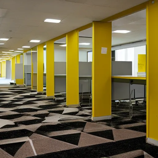 Image similar to The backrooms, a yellow infinite empty office space with long corridors and empty cubicles, lit by yellow fluorescent ceiling lights, stained carpet floor, old, stained wallpapers