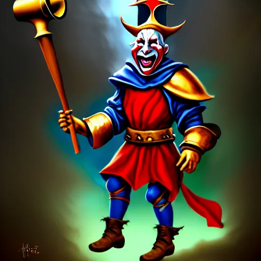 Image similar to of a realistic illustration dumb jester fool crusader knight that is the anti - communism crusader character, full plate, totally mad and yelling, shouting using a megaphone, artstation digital art,,