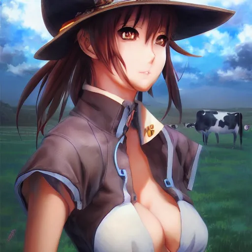 Image similar to anime portrait of a cow girl anime style by Stanley Artgerm Lau, WLOP, Rossdraws, James Jean, Andrei Riabovitchev, Marc Simonetti, and Sakimichan, trending on artstation