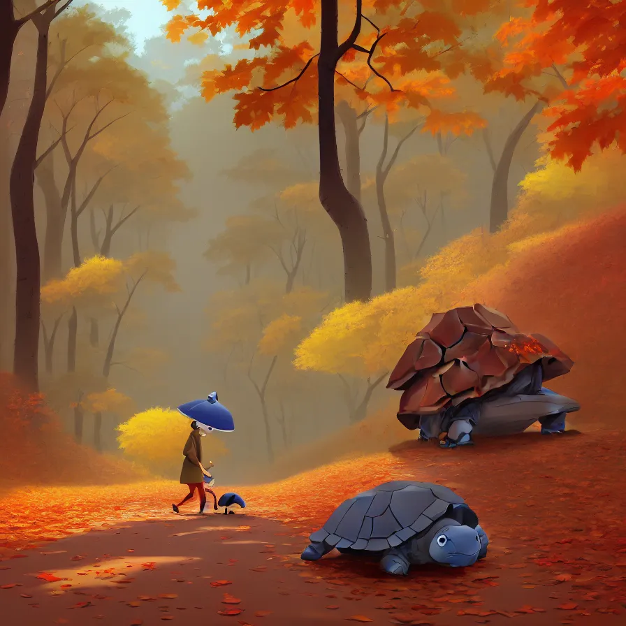 Image similar to Goro Fujita illustrating a tortoise walking through a beautiful autumn forest, art by Goro Fujita, sharp focus, highly detailed, ArtStation