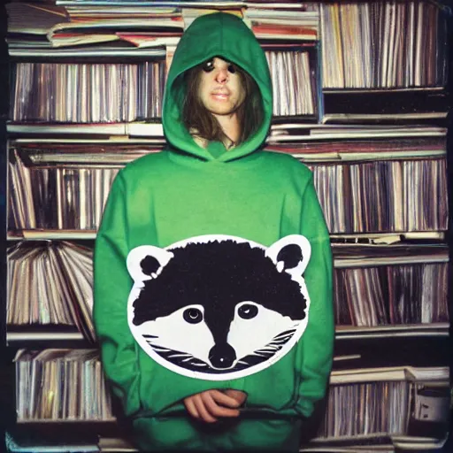 Image similar to medium shot, photo of a person in a detailed hyperrealistic raccoon mask, wearing a dark green hoodie, holding a pile of vinyl records, 8 0 - s, polaroid photo, by warhol,