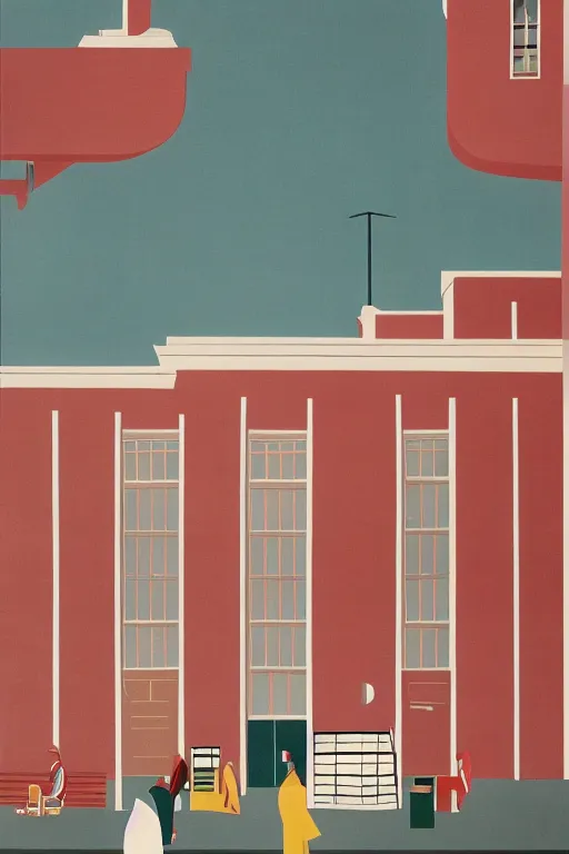 Image similar to scene from wes anderson factory building by helen lundeberg