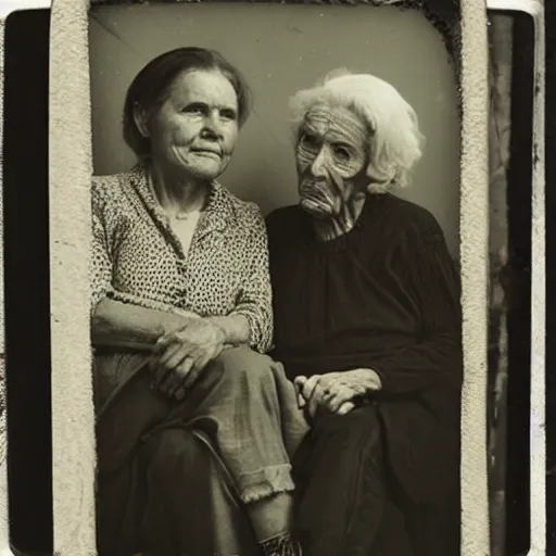 Image similar to tintype photograph, old woman, millennial woman elderly, 2 0 9 0 s, post - nuclear town